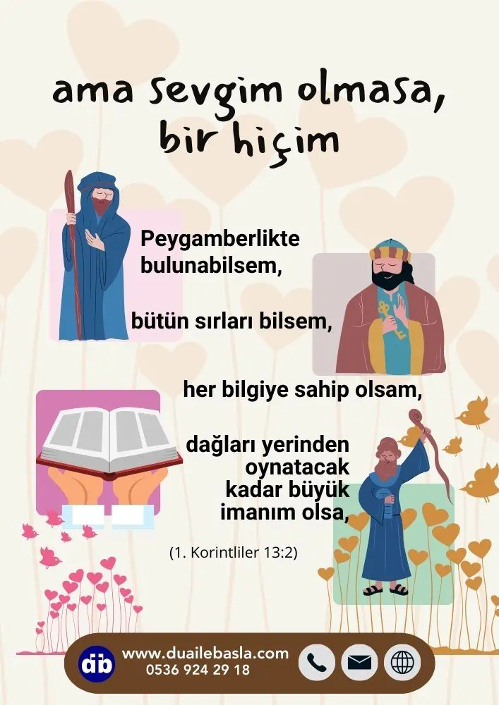 Peygamberlikte bulunabilsem, bütün sırları bilsem, ... ama sevgim olmasa, bir hiçim. (1. Korint. 13: 2)
