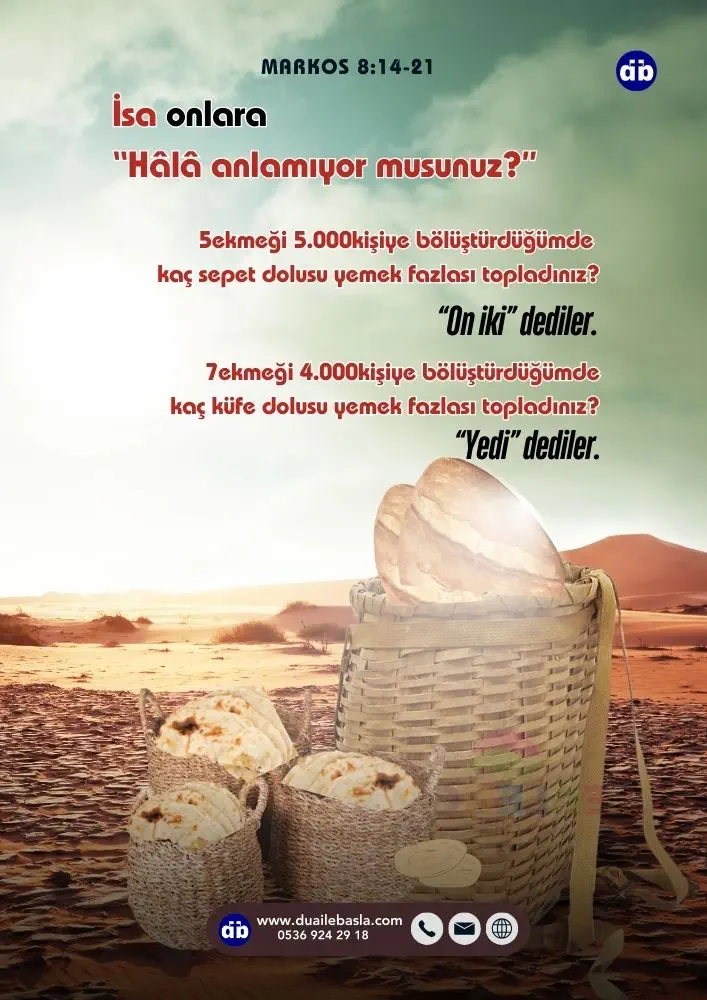 (Markos 8 20-21) “Yedi ekmeği dört bin kişiye bölüştürdüğümde kaç küfe dolusu yemek fazlası topladınız?” “Yedi” dediler. İsa onlara, “Hâlâ anlamıyor musunuz” dedi.