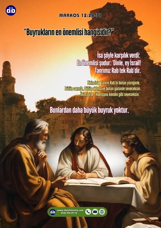 (Markos 12:28) Onların tartışmalarını dinleyen ve İsa’nın onlara güzel yanıt verdiğini gören bir din bilgini yaklaşıp O’na, “Buyrukların en önemlisi hangisidir?” diye sordu.