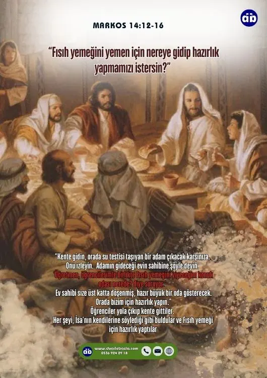 (Markos 14:12) Fısıh kurbanının kesildiği Mayasız Ekmek Bayramı’nın ilk günü öğrencileri İsa’ya, “Fısıh yemeğini yemen için nereye gidip hazırlık yapmamızı istersin?” diye sordular.