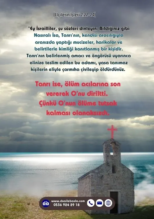 (Elçilerin İşleri 2: 22-24) Tanrı ise, ölüm acılarına son vererek O’nu diriltti. Çünkü O’nun ölüme tutsak kalması olanaksızdı.