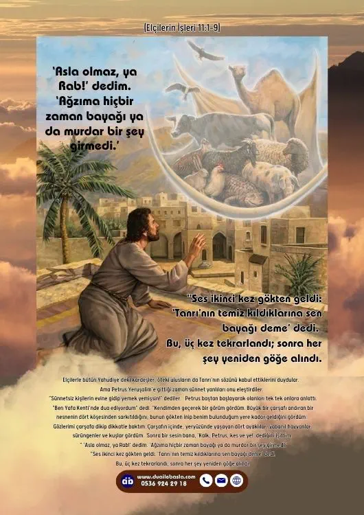 (Elçilerin İşleri 11: 1-9) “ ‘Asla olmaz, ya Rab!’ dedim. ‘Ağzıma hiçbir zaman bayağı ya da murdar bir şey girmedi.’