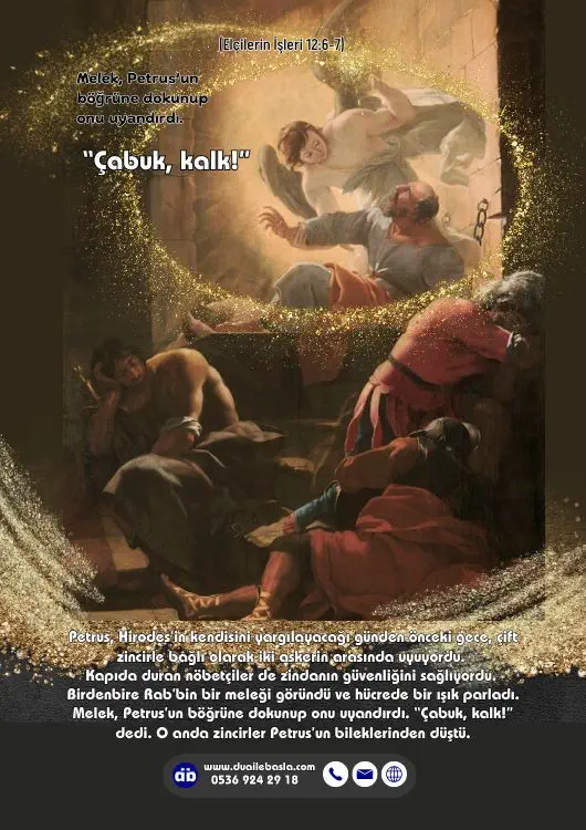 (Elçilerin İşleri 12: 6-7) Birdenbire Rab’bin bir meleği göründü ve hücrede bir ışık parladı. Melek, Petrus’un böğrüne dokunup onu uyandırdı. “Çabuk, kalk!” dedi.