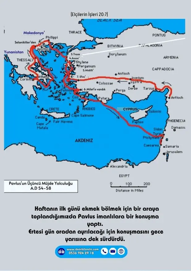 (Elçilerin İşleri 20: 7) Haftanın ilk günü ekmek bölmek için bir araya toplandığımızda Pavlus imanlılara bir konuşma yaptı. Ertesi gün oradan ayrılacağı için ko