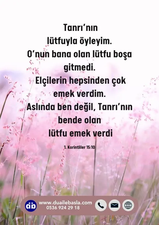 (1. Korintliler 15: 10) Ama şimdi neysem, Tanrı’nın lütfuyla öyleyim. O’nun bana olan lütfu boşa gitmedi. Elçilerin hepsinden çok emek verdim.