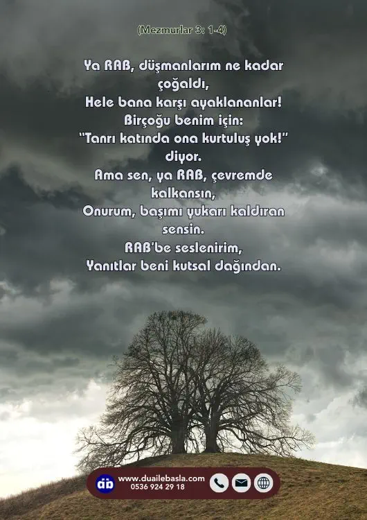 (Mezmurlar 3: 1-4) Ama sen, ya RAB, çevremde kalkansın, Onurum, başımı yukarı kaldıran sensin.