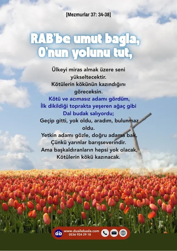 (Mezmurlar 37: 34-38) RAB’be umut bağla, O’nun yolunu tut, ülkeyi miras almak üzere seni yükseltecektir. Kötülerin kökünün kazındığını göreceksin.