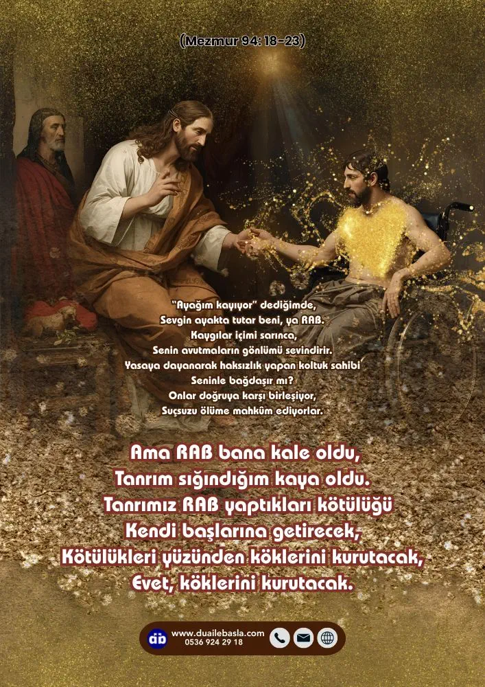 (Mezmur 94: 18-23) Ama RAB bana kale oldu, Tanrım sığındığım kaya oldu. Tanrımız RAB yaptıkları kötülüğü Kendi başlarına getirecek, Kötülükleri yüzünden köklerini kurutacak,