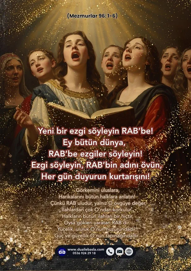 (Mezmur 96: 1-6) Yeni bir ezgi söyleyin RAB’be! Ey bütün dünya, RAB’be ezgiler söyleyin! Ezgi söyleyin, RAB’bin adını övün, Her gün duyurun kurtarışını!