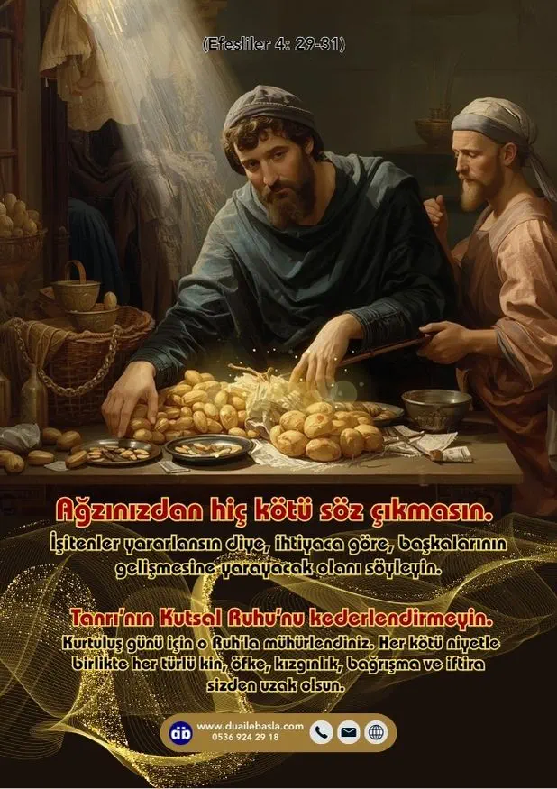 (Efesliler 4: 29-31) Ağzınızdan hiç kötü söz çıkmasın. İşitenler yararlansın diye, ihtiyaca göre, başkalarının gelişmesine yarayacak olanı söyleyin.