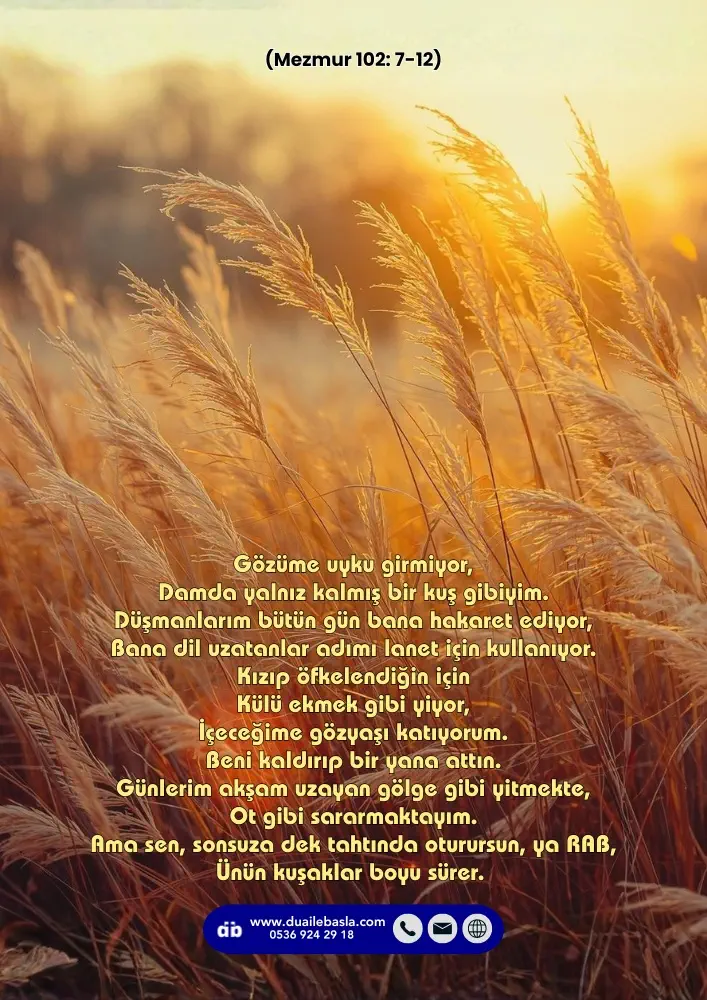 (Mezmur 102: 7-12) Günlerim akşam uzayan gölge gibi yitmekte, Ot gibi sararmaktayım. Ama sen, sonsuza dek tahtında oturursun, ya RAB, Ünün kuşaklar boyu sürer.