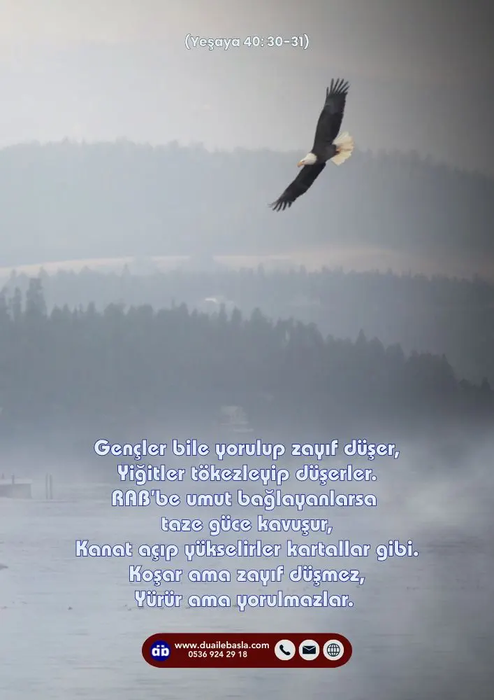 (Yeşaya 40: 30-31) Kanat açıp yükselirler kartallar gibi. Koşar ama zayıf düşmez, Yürür ama yorulmazlar.