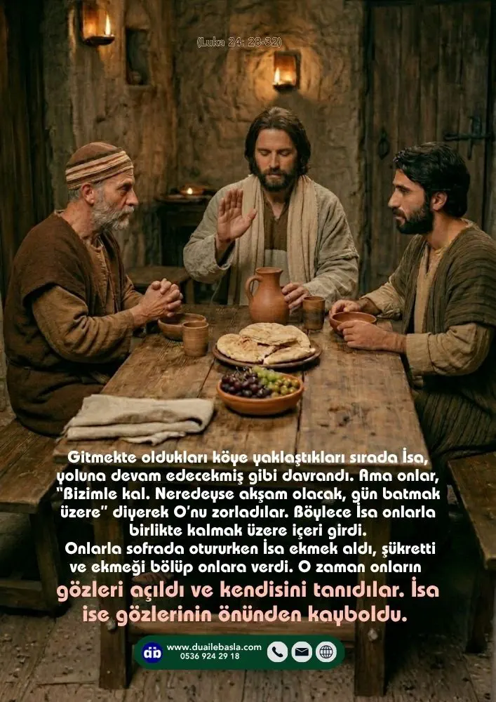 (Luka 24: 28-32) O zaman onların gözleri açıldı ve kendisini tanıdılar. İsa ise gözlerinin önünden kayboldu.