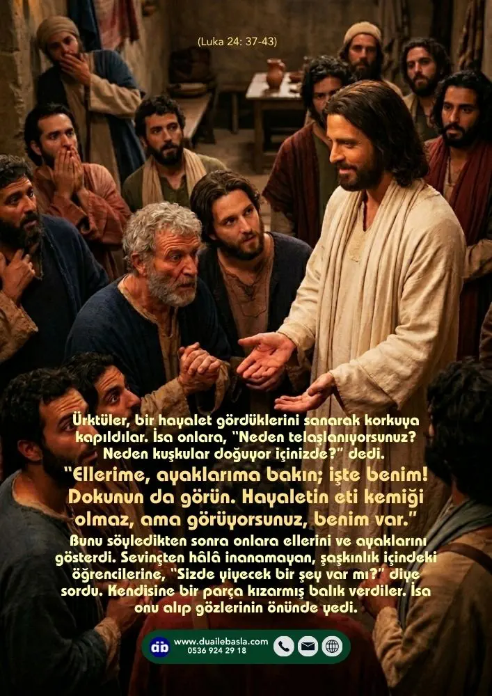 (Luka 24: 37-43) Ellerime, ayaklarıma bakın; işte benim! Dokunun da görün. Hayaletin eti kemiği olmaz, ama görüyorsunuz, benim var.