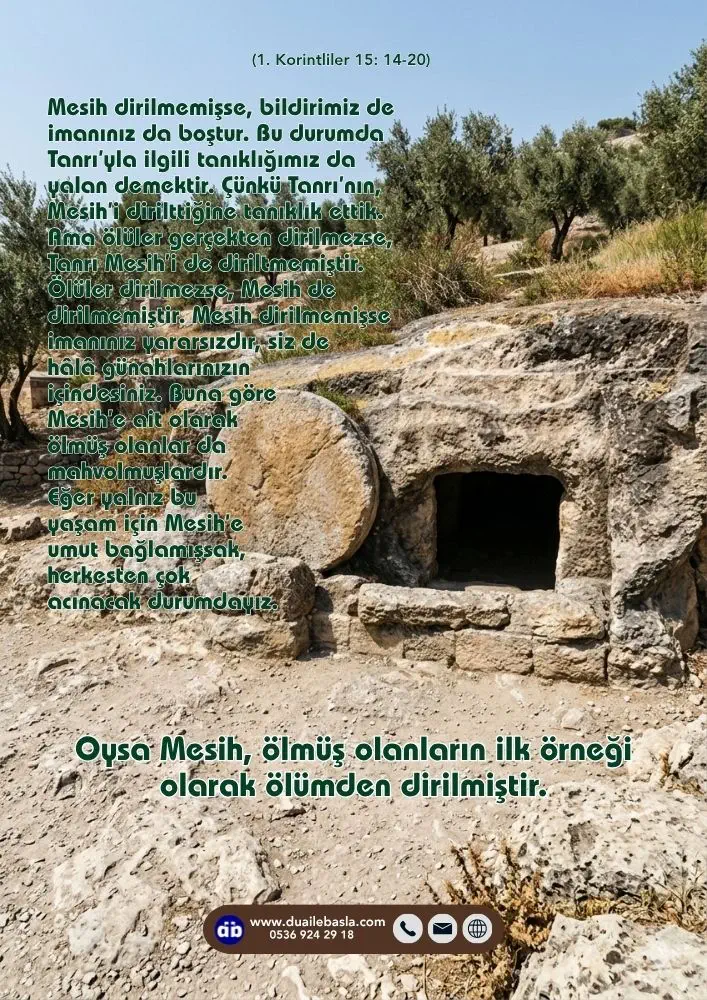 (1. Korintliler 15: 14-20) Oysa Mesih, ölmüş olanların ilk örneği olarak ölümden dirilmiştir.