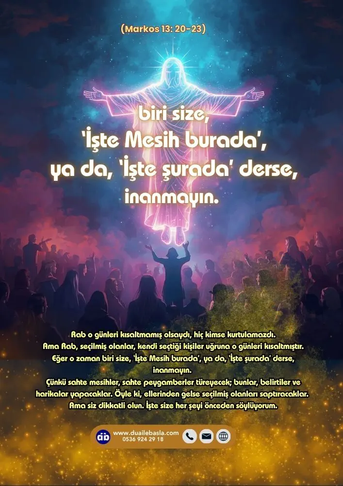 (Markos 13: 20-23) Eğer o zaman biri size, ‘İşte Mesih burada’, ya da, ‘İşte şurada’ derse, inanmayın. Çünkü sahte mesihler, sahte peygamberler türeyecek; bunlar, belirtiler ve harikalar yapacaklar.