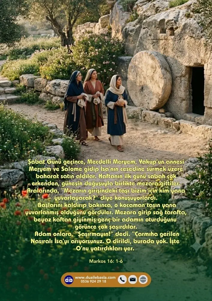 (Markos 16: 1-6) Adam onlara, “Şaşırmayın!” dedi. “Çarmıha gerilen Nasıralı İsa’yı arıyorsunuz. O dirildi, burada yok. İşte O’nu yatırdıkları yer.