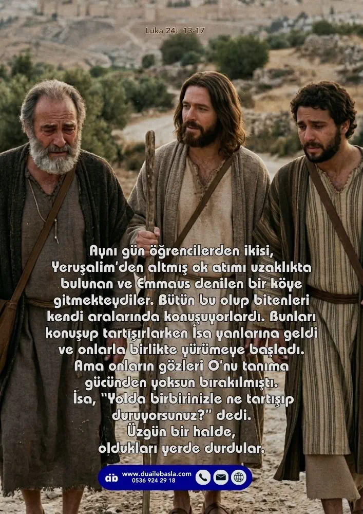(Luka 24: 13-17) Onların gözleri O’nu tanıma gücünden yoksun bırakılmıştı. İsa, “Yolda birbirinizle ne tartışıp duruyorsunuz” dedi. Üzgün bir halde, oldukları yerde durdular.
