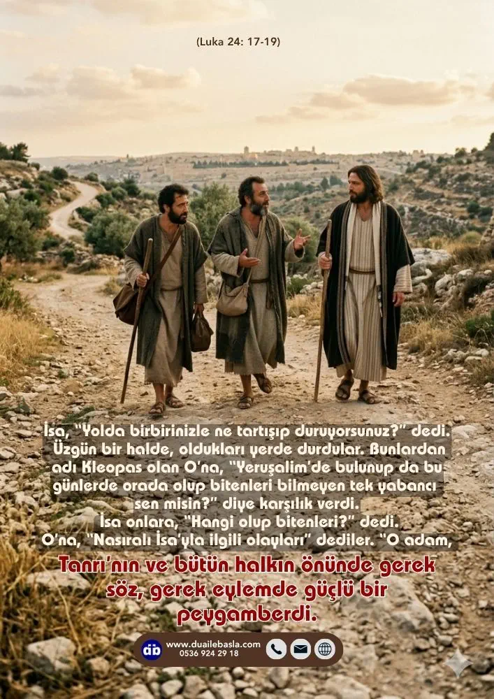 (Luka 24: 17-19) O’na, “Nasıralı İsa’yla ilgili olayları” dediler. “O adam, Tanrı’nın ve bütün halkın önünde gerek söz, gerek eylemde güçlü bir peygamberdi.