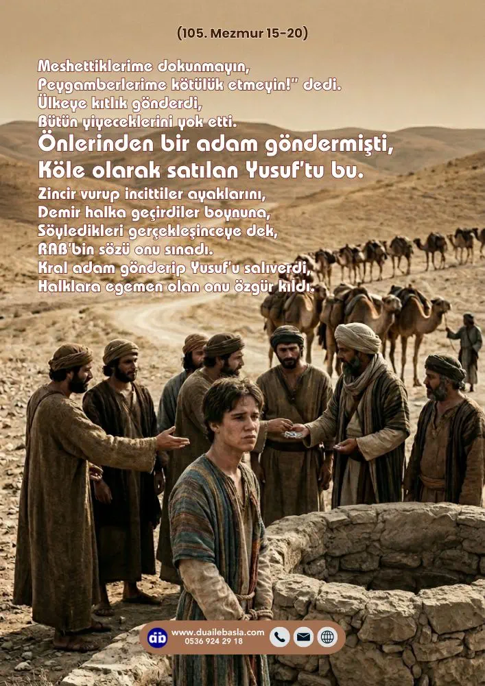 (105. Mezmur 15-20) Önlerinden bir adam göndermişti, Köle olarak satılan Yusuf’tu bu. Zincir vurup incittiler ayaklarını, Demir halka geçirdiler boynuna,