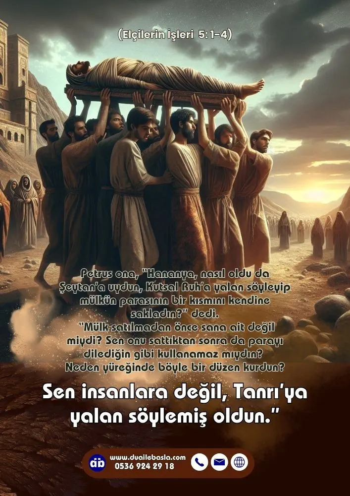 (Elçilerin İşleri 5: 1-4) Sen onu sattıktan sonra da parayı dilediğin gibi kullanamaz mıydın? Neden yüreğinde böyle bir düzen kurdun? Sen insanlara değil, Tanrı’ya yalan söylemiş oldun.