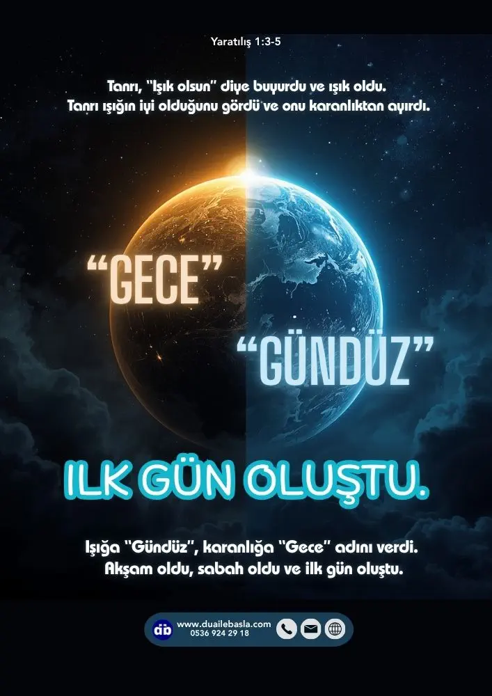 (Yaratılış 1: 3-5) Tanrı, “Işık olsun” diye buyurdu ve ışık oldu. Tanrı ışığın iyi olduğunu gördü ve onu karanlıktan ayırdı.