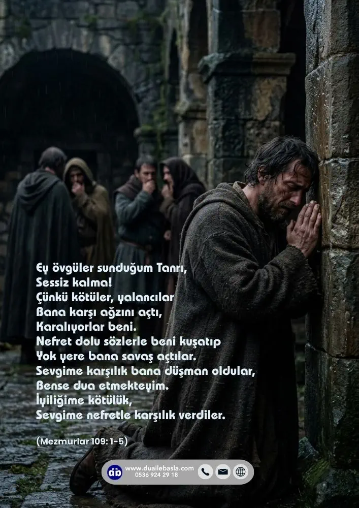 (109. Mezmur 1-5) Ey övgüler sunduğum Tanrı, Sessiz kalma! Çünkü kötüler, yalancılar Bana karşı ağzını açtı, Karalıyorlar beni.