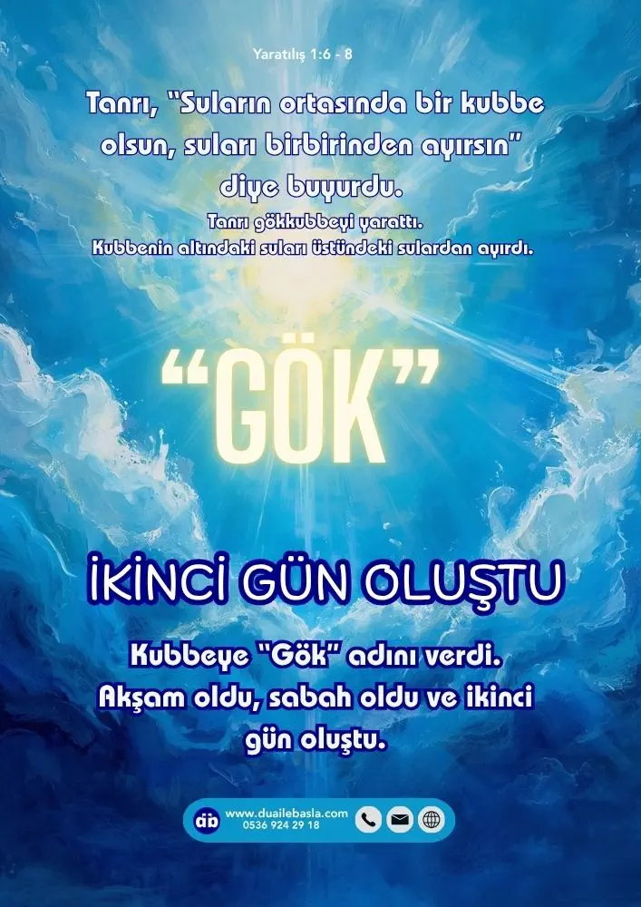 (Yaratılış 1: 6-8) Tanrı, “Suların ortasında bir kubbe olsun, suları birbirinden ayırsın” diye buyurdu. Ve öyle oldu.