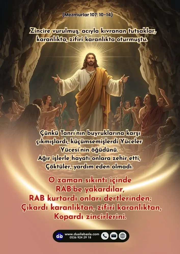 (107. Mezmur 10-14) O zaman sıkıntı içinde RAB’be yakardılar, RAB kurtardı onları dertlerinden; Çıkardı karanlıktan, zifiri karanlıktan, Kopardı zincirlerini.
