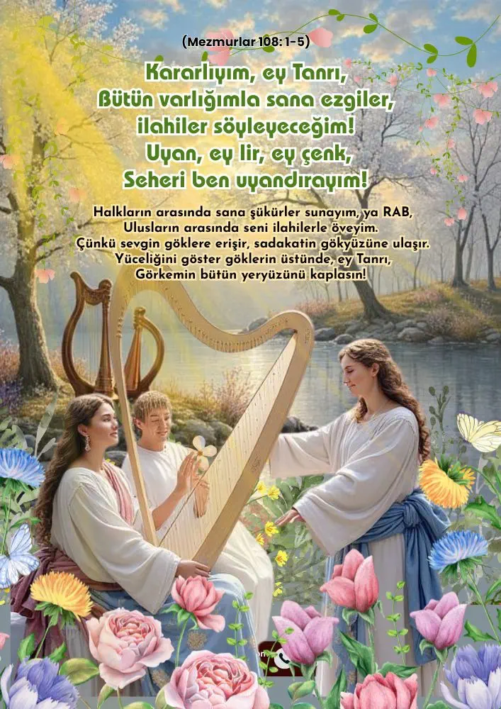 (108. Mezmur 1-5) Kararlıyım, ey Tanrı, Bütün varlığımla sana ezgiler, ilahiler söyleyeceğim! Uyan, ey lir, ey çenk, Seheri ben uyandırayım!