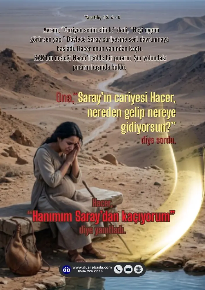 (Yaratılış 16: 6-8) Ona, “Saray’ın cariyesi Hacer, nereden gelip nereye gidiyorsun?” diye sordu. Hacer, “Hanımım Saray’dan kaçıyorum” diye yanıtladı.