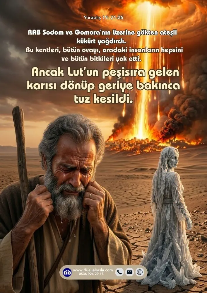 (Yaratılış 19: 21-26) Bu kentleri, bütün ovayı, oradaki insanların hepsini ve bütün bitkileri yok etti. Ancak Lut’un peşisıra gelen karısı dönüp geriye bakınca tuz kesildi.