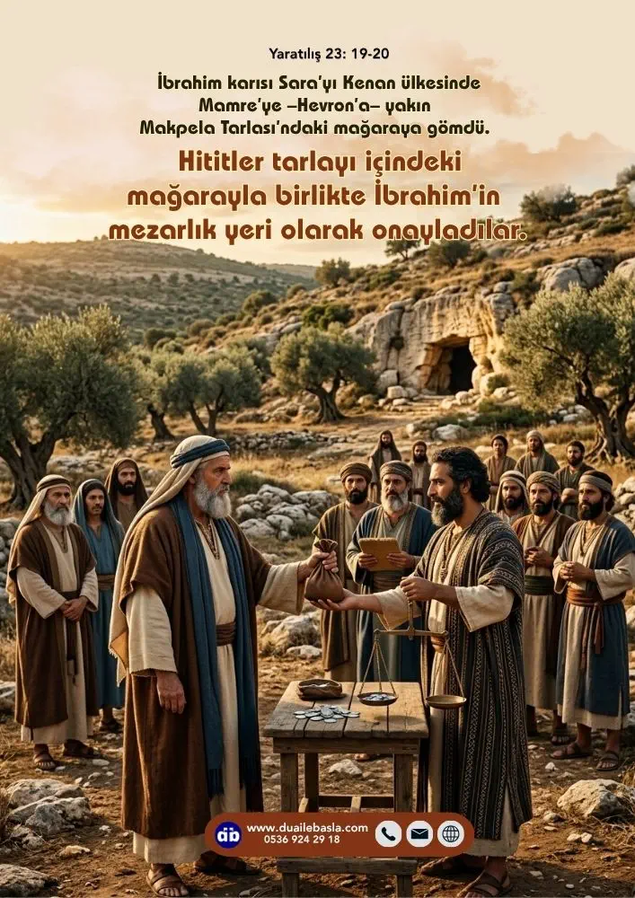 (Yaratılış 23: 19-20) Hititler tarlayı içindeki mağarayla birlikte İbrahim’in mezarlık yeri olarak onayladılar.
