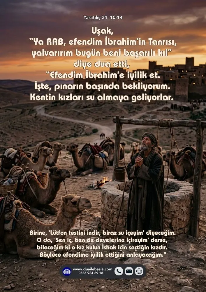 (Yaratılış 24: 10-14) Uşak, “Ya RAB, efendim İbrahim’in Tanrısı, yalvarırım bugün beni başarılı kıl” diye dua etti, “Efendim İbrahim’e iyilik et.