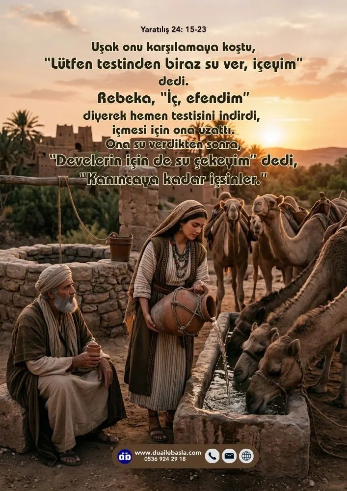 (Yaratılış 24: 15-23) Uşak onu karşılamaya koştu, Lütfen testinden biraz su ver, içeyim” dedi.