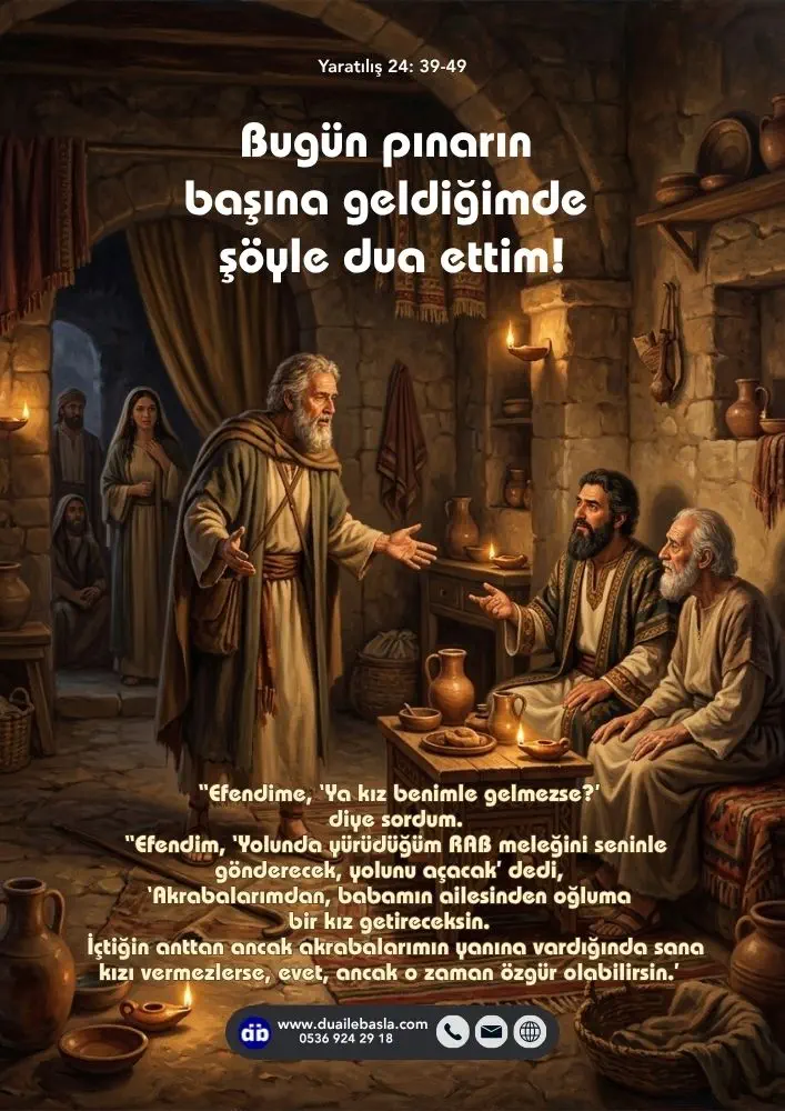 (Yaratılış 24: 39-49) Bugün pınarın başına geldiğimde şöyle dua ettim ‘Ya RAB, efendim İbrahim’in Tanrısı, yalvarırım yolumu aç. İşte pınarın başında bekliyorum.