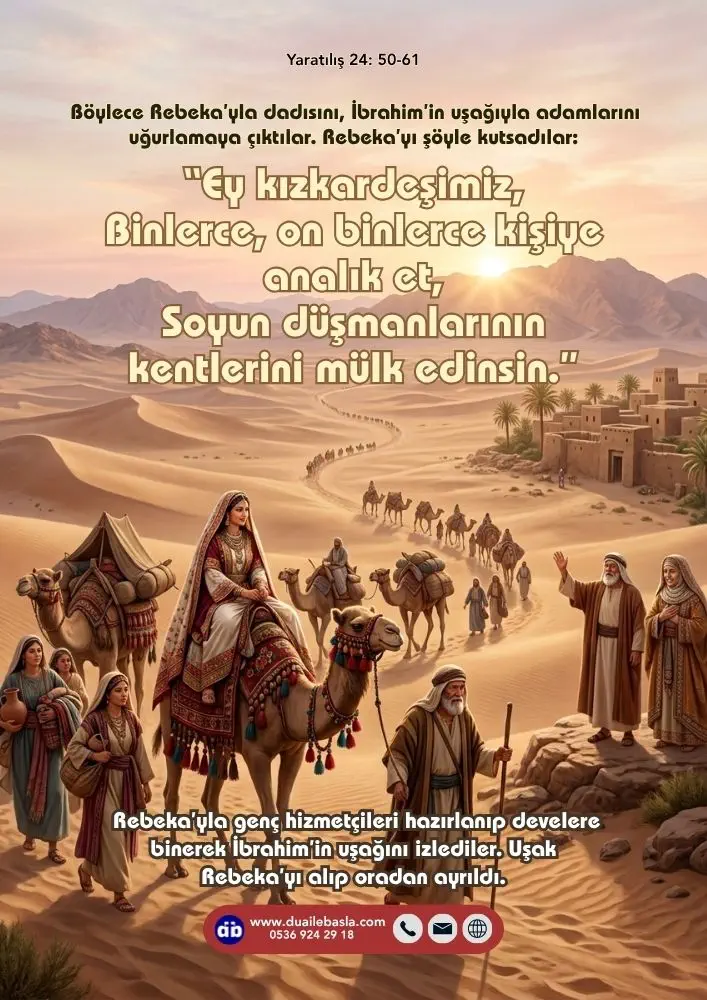 (Yaratılış 24: 50-61) Rebeka’yı şöyle kutsadılar “Ey kızkardeşimiz, Binlerce, on binlerce kişiye analık et, Soyun düşmanlarının kentlerini mülk edinsin.”