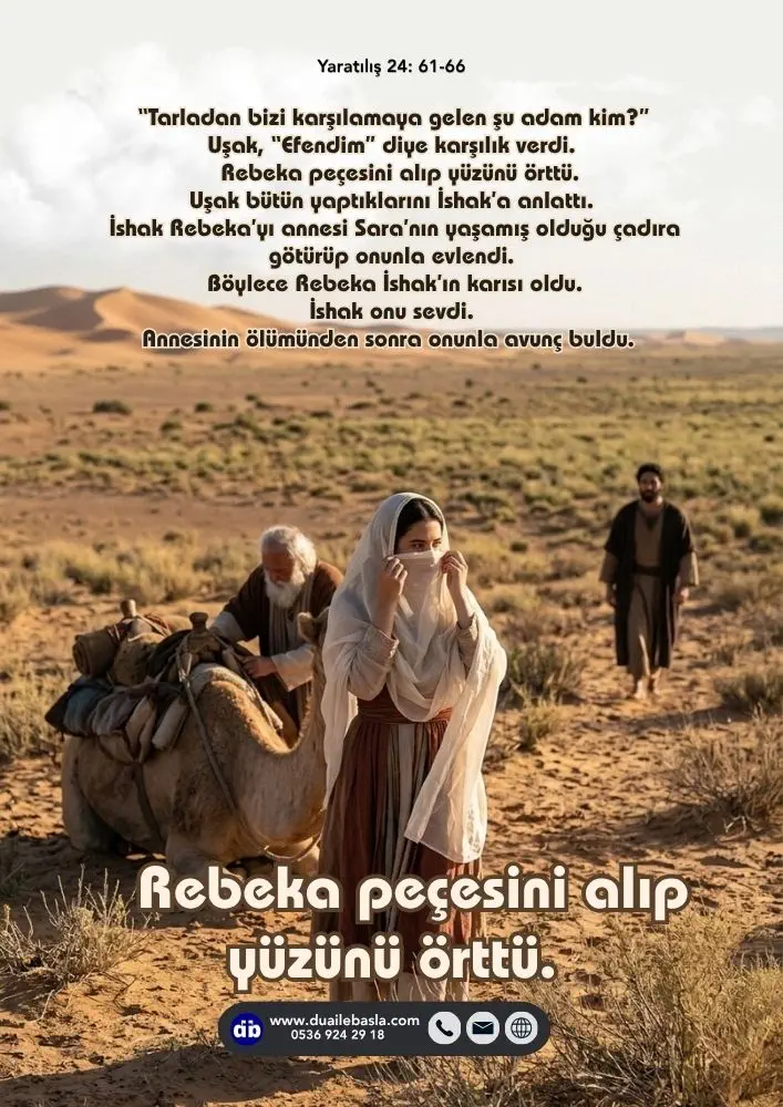 (Yaratılış 24: 61-66) Uşak, “Efendim” diye karşılık verdi. Rebeka peçesini alıp yüzünü örttü.