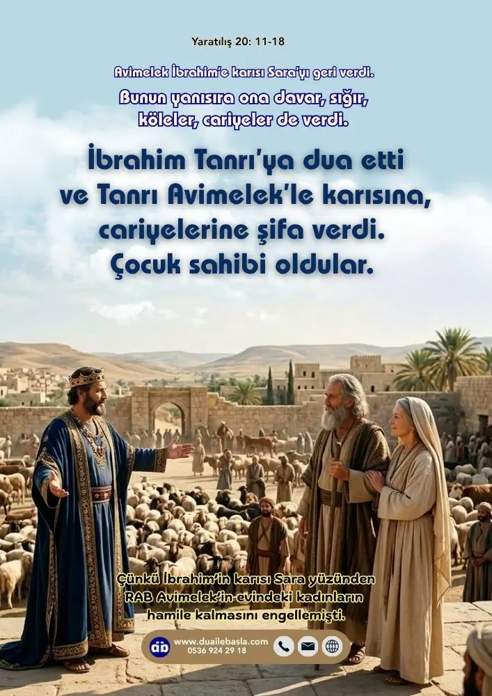 (Yaratılış 20: 11-18) İbrahim Tanrı’ya dua etti ve Tanrı Avimelek’le karısına, cariyelerine şifa verdi. Çocuk sahibi oldular.