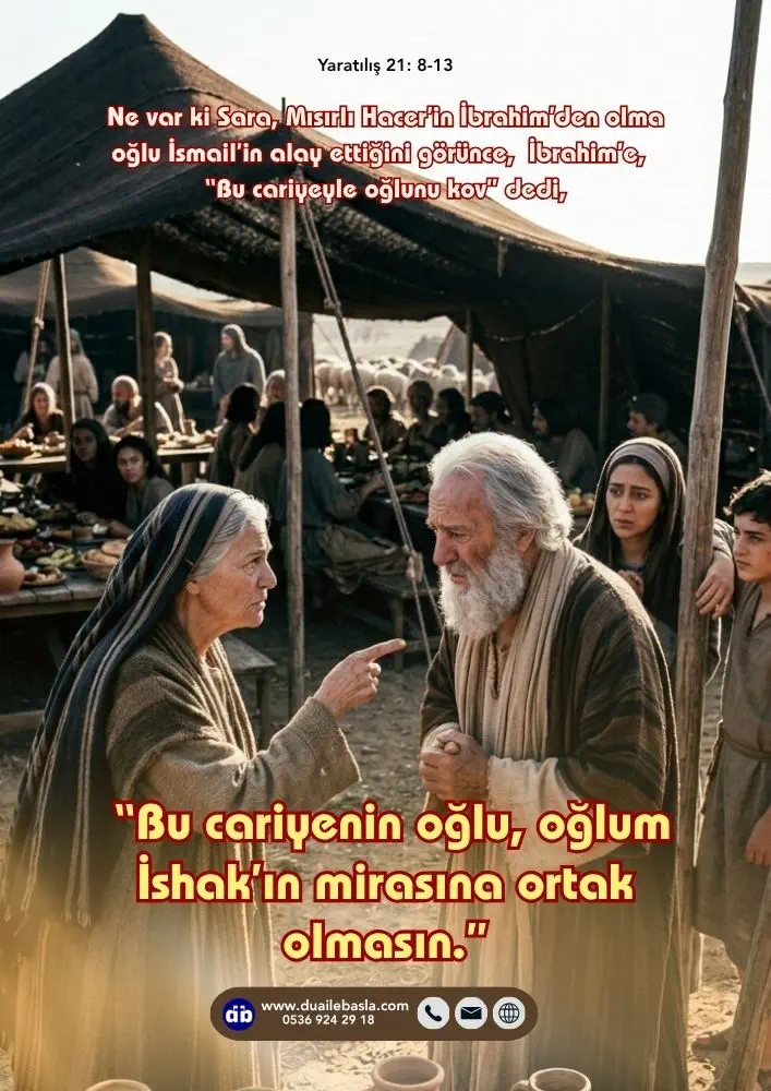 (Yaratılış 21: 8-13) İbrahim’e, “Bu cariyeyle oğlunu kov” dedi, “Bu cariyenin oğlu, oğlum İshak’ın mirasına ortak olmasın.” Bu İbrahim’i çok üzdü, çünkü İsmail de öz oğluydu.