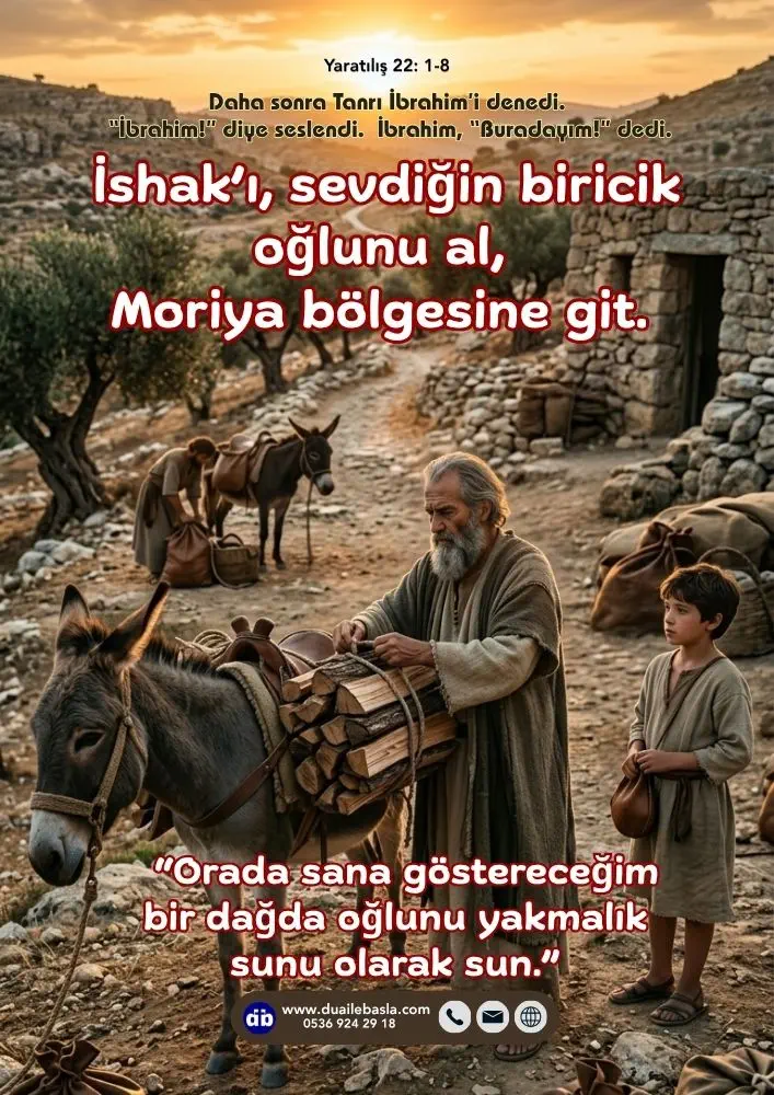 (Yaratılış 22: 1-8) Tanrı, “İshak’ı, sevdiğin biricik oğlunu al, Moriya bölgesine git” dedi, “Orada sana göstereceğim bir dağda oğlunu yakmalık sunu olarak sun.”